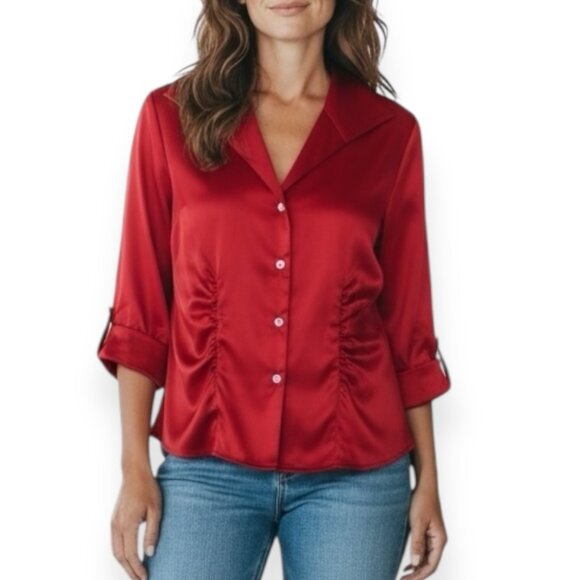 J.R.NITES Tops - Vintage J.R.NITES Red Satin Blouse 14W Plus Size Evening Top Crystal Button